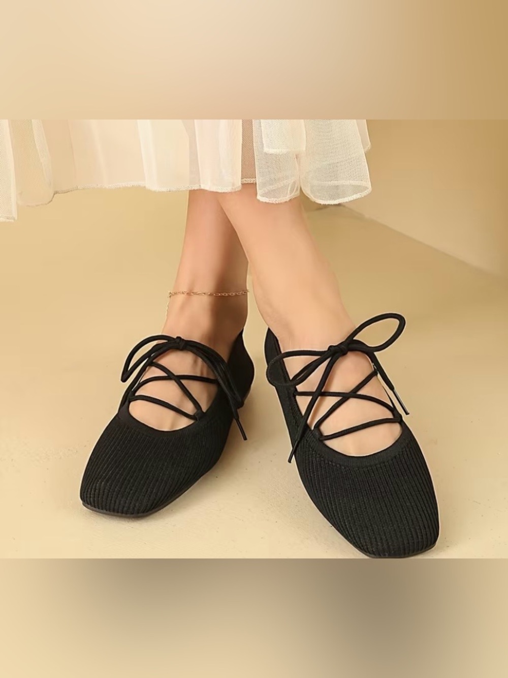 NEW Black Lace-Up Fabric Ballet Flats